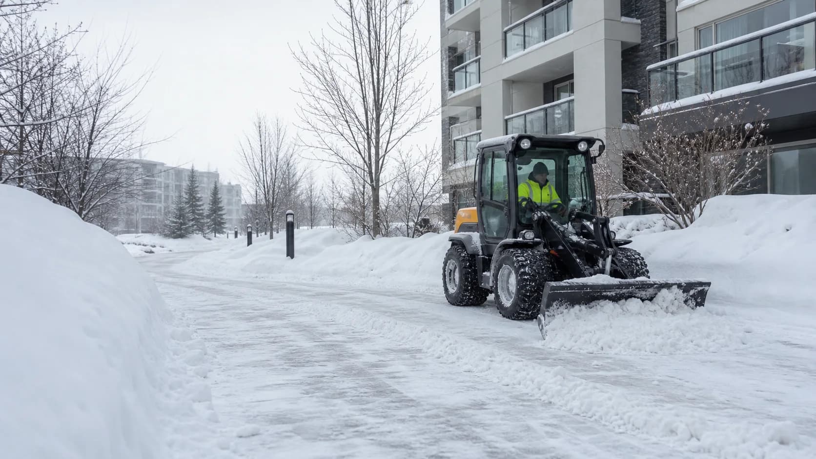 Snow removal equipment clearing deep snow at an Edmonton property